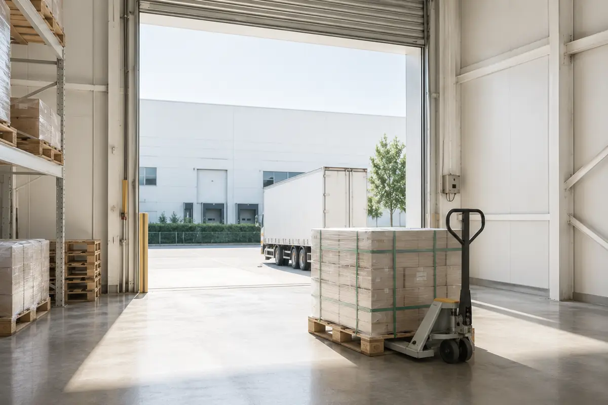 An open loading dock in daylight, a wrapped pallet and pallet truck ready to move.