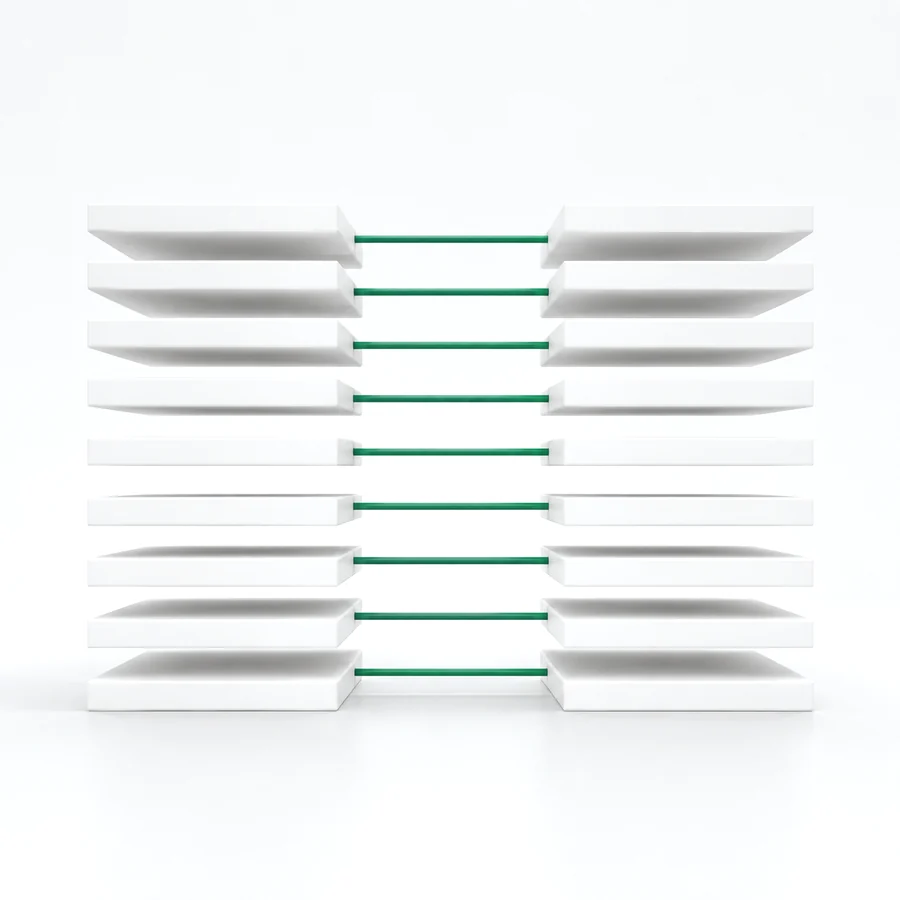 Two mirrored columns of white bars, exactly level, joined rung by rung with green rods.