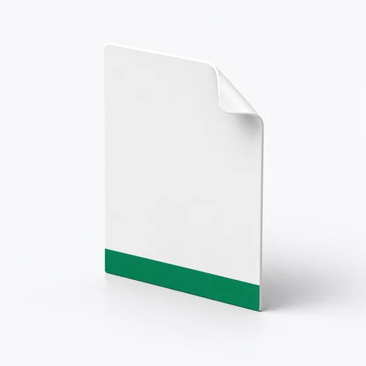 An upright sheet with a curled corner and a green band along its base.