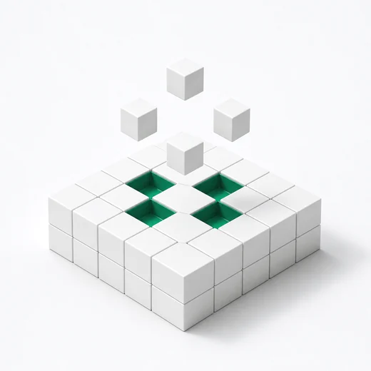 Cubes lifting clear of a grid, leaving green-lined sockets behind.