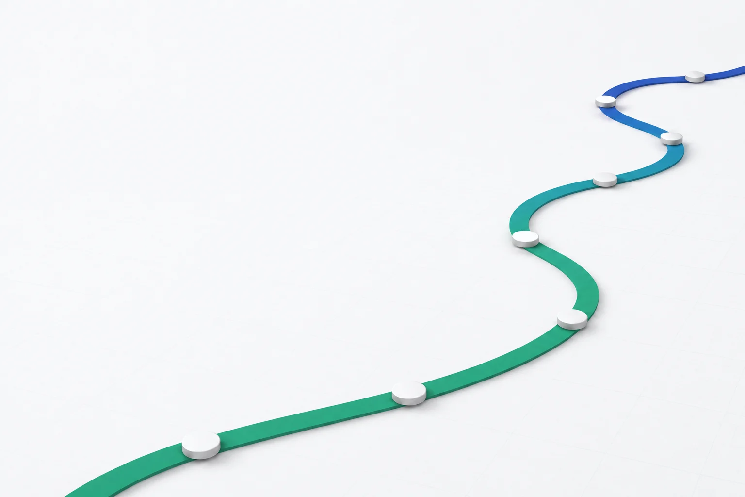 A single continuous line passing through seven waypoints, shifting from green to blue along its length.