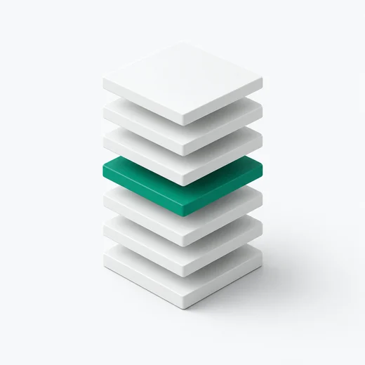 A stack of offset white slabs with one green layer part way up.