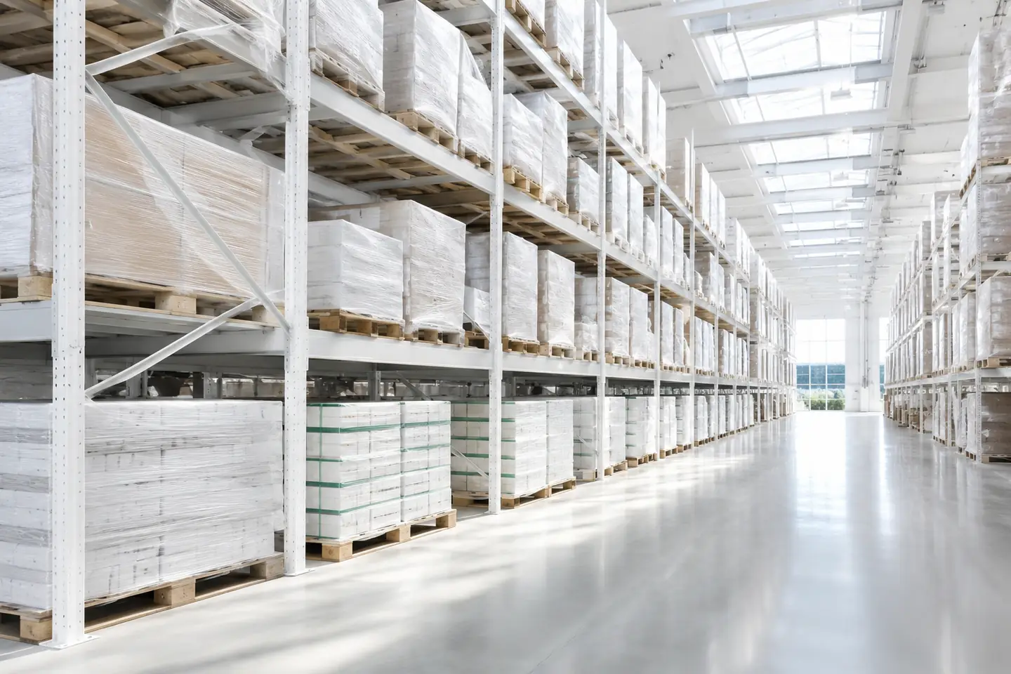 A bright warehouse aisle of tall racking stacked with wrapped pallets, lit by skylights.