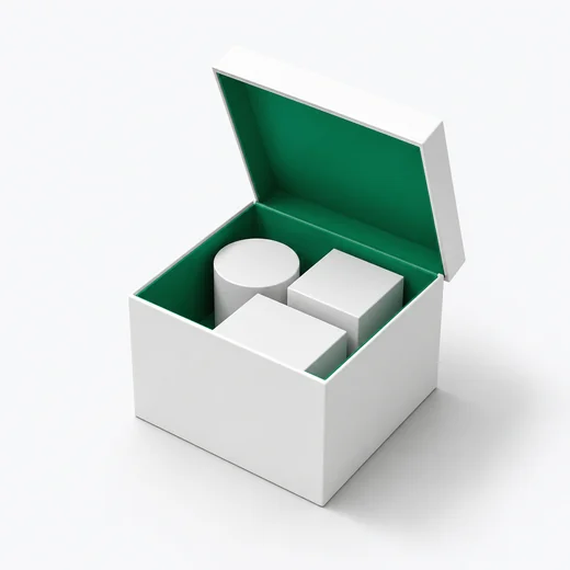 An open white box with a green interior holding three nested shapes.