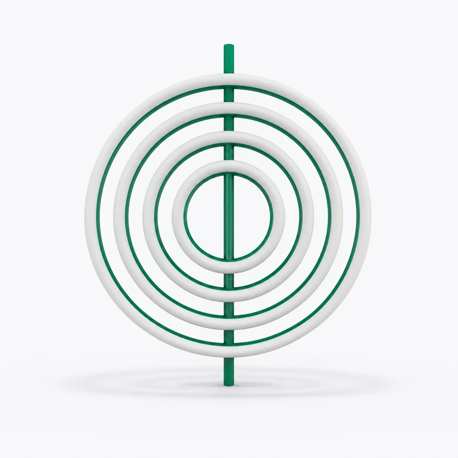 Five concentric rings locked in alignment with a single rod passing through all of them.