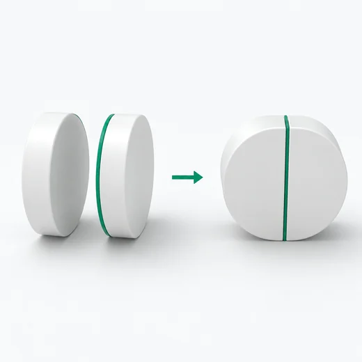 Two discs merged into one solid form with a green seam at the join.