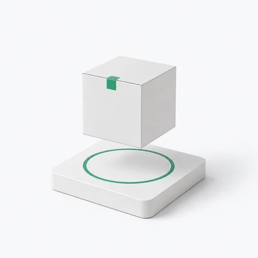 A sealed carton settling onto a platform marked with a green ring.